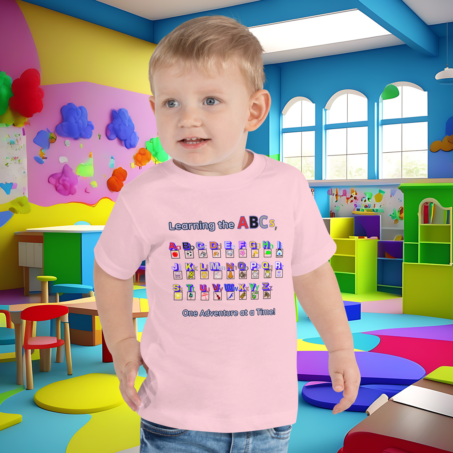 Alphabet Adventure Toddler Short Sleeve Tee: Learning Through Letters and Imagination  (Unisex)