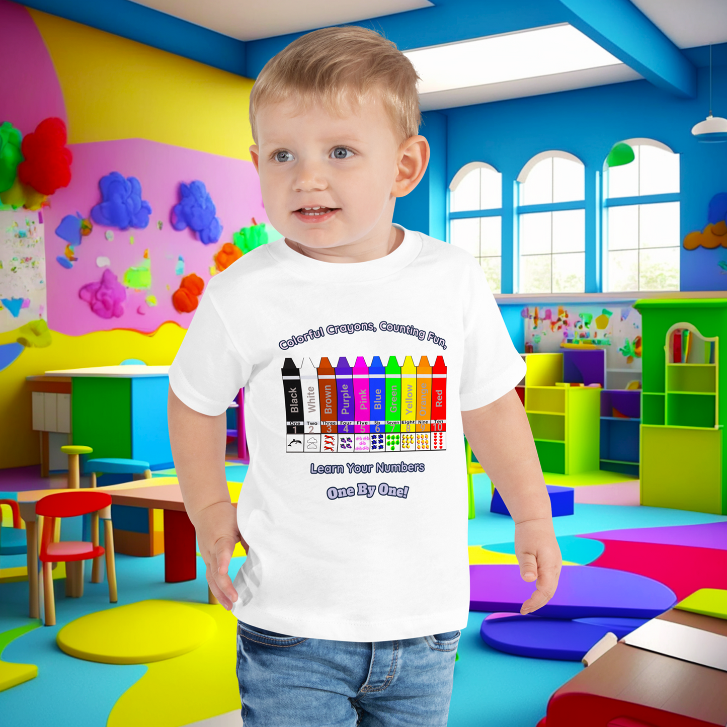 "Colorful Crayons, Counting Fun, Learn Your Numbers One By One!" Toddler Short Sleeve Tee - Explore, Count, and Color with Delight!  (Unisex)