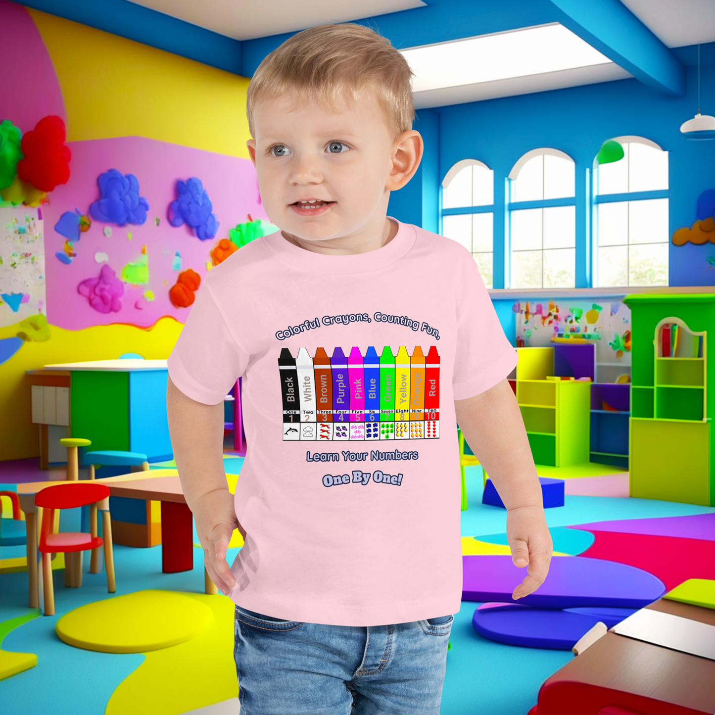 "Colorful Crayons, Counting Fun, Learn Your Numbers One By One!" Toddler Short Sleeve Tee - Explore, Count, and Color with Delight!  (Unisex)