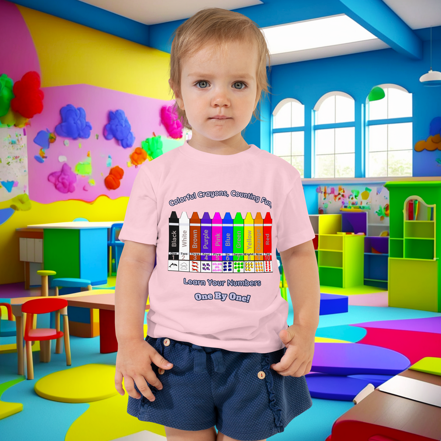 "Colorful Crayons, Counting Fun, Learn Your Numbers One By One!" Toddler Short Sleeve Tee - Explore, Count, and Color with Delight!  (Unisex)