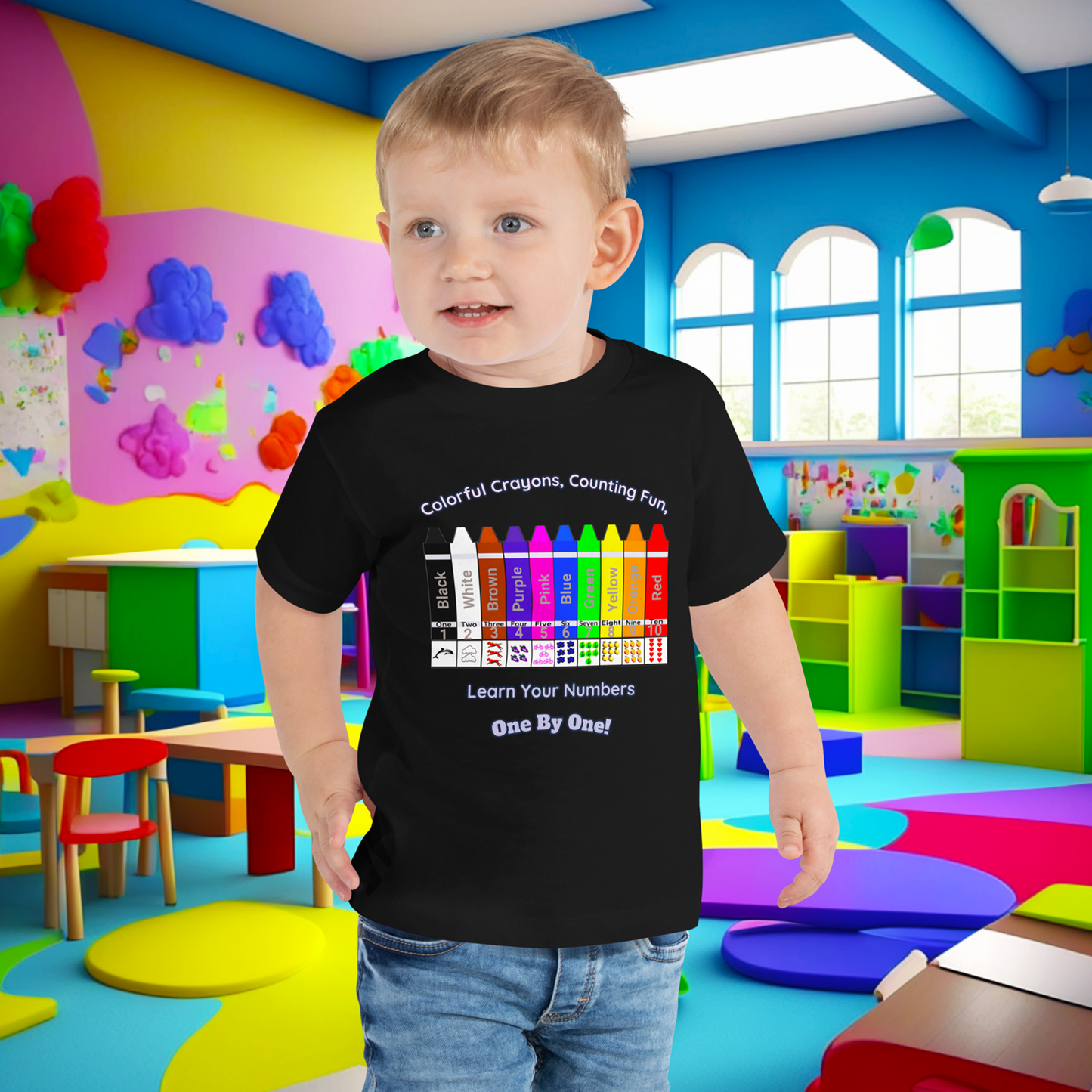 "Colorful Crayons, Counting Fun, Learn Your Numbers One By One!" Toddler Short Sleeve Tee - Explore, Count, and Color with Delight!  (Unisex)