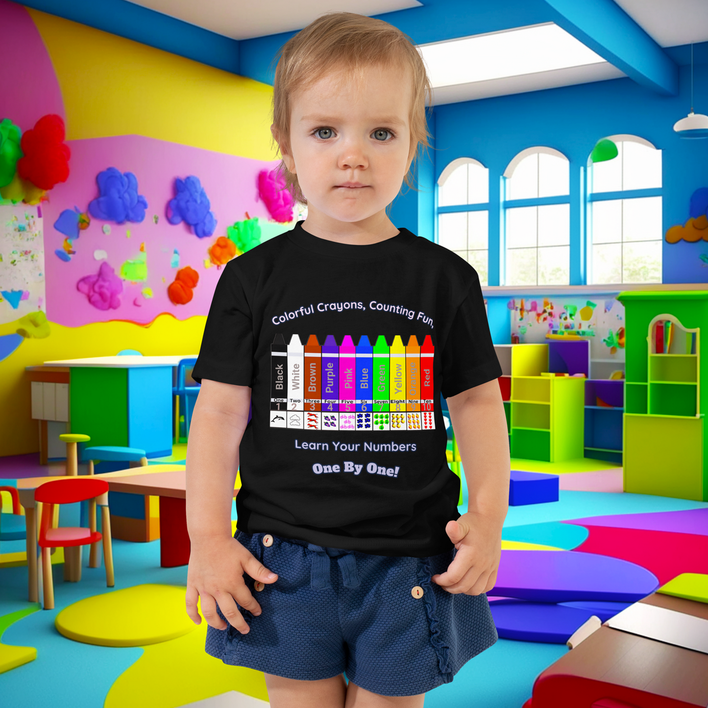 "Colorful Crayons, Counting Fun, Learn Your Numbers One By One!" Toddler Short Sleeve Tee - Explore, Count, and Color with Delight!  (Unisex)