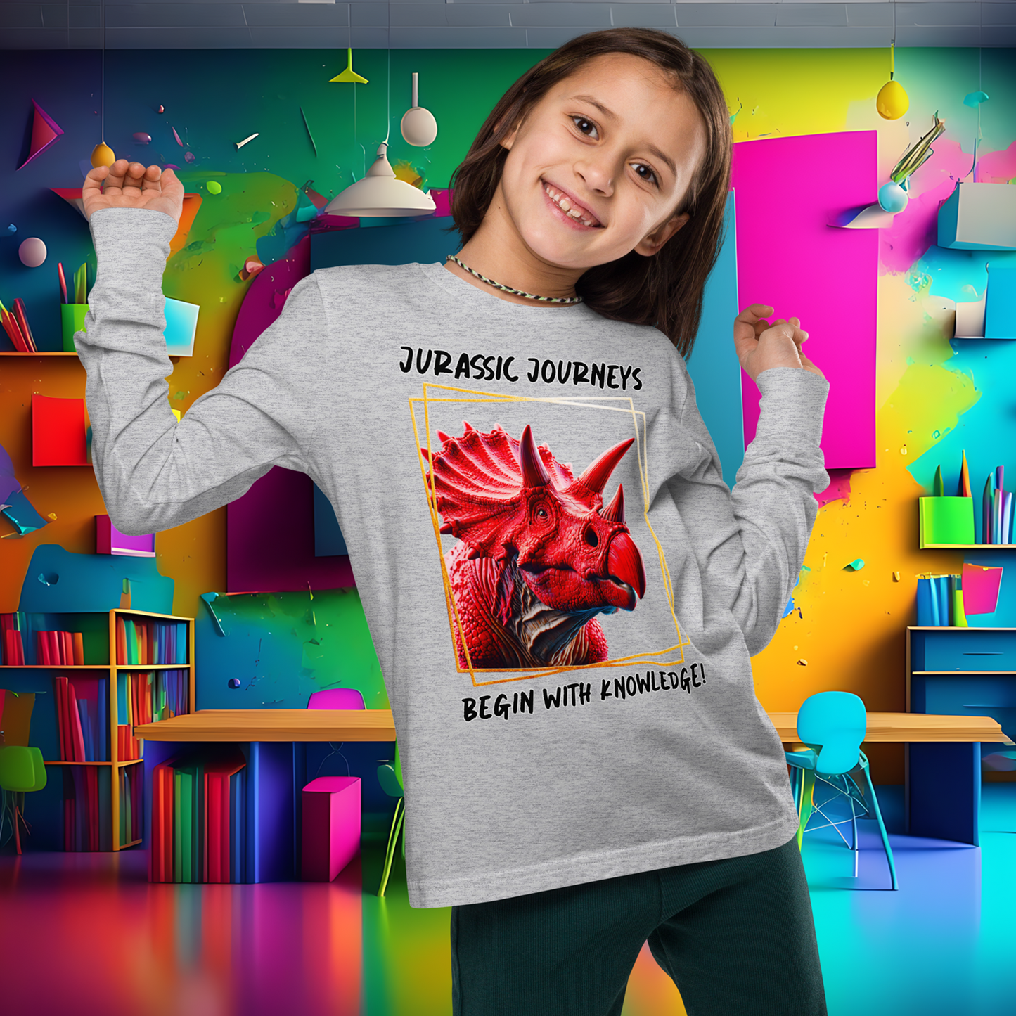 Triceratops Trek: Jurassic Journeys Youth Long Sleeve Tee  (Unisex)